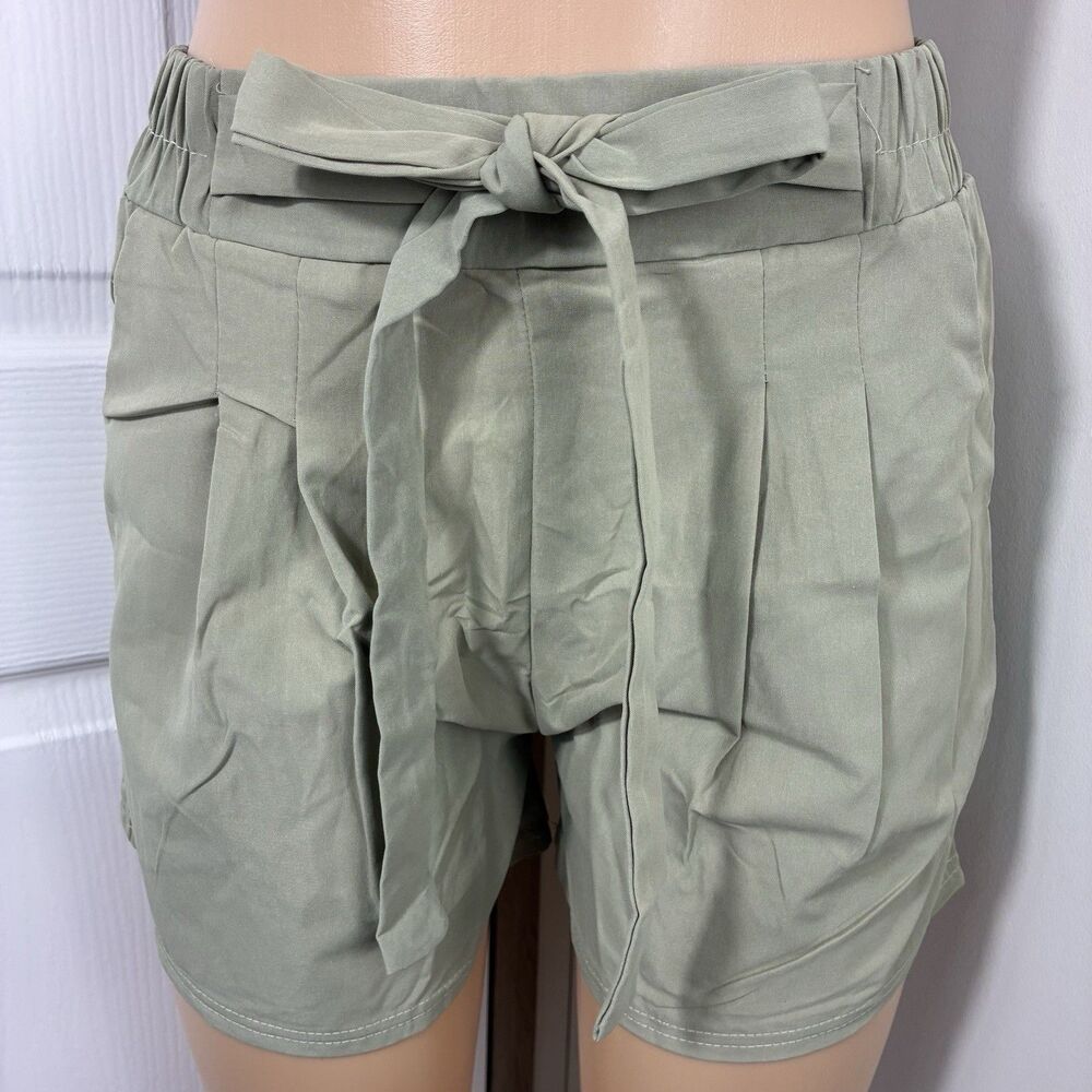 Casual Shorts Womens Medium Green Elastic Pleated High Rise Tie New